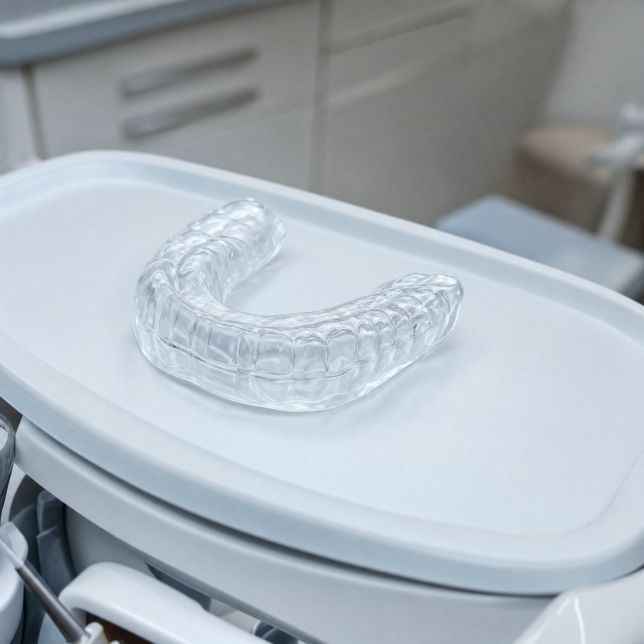 Custom clear dental night guard on a clinic tray