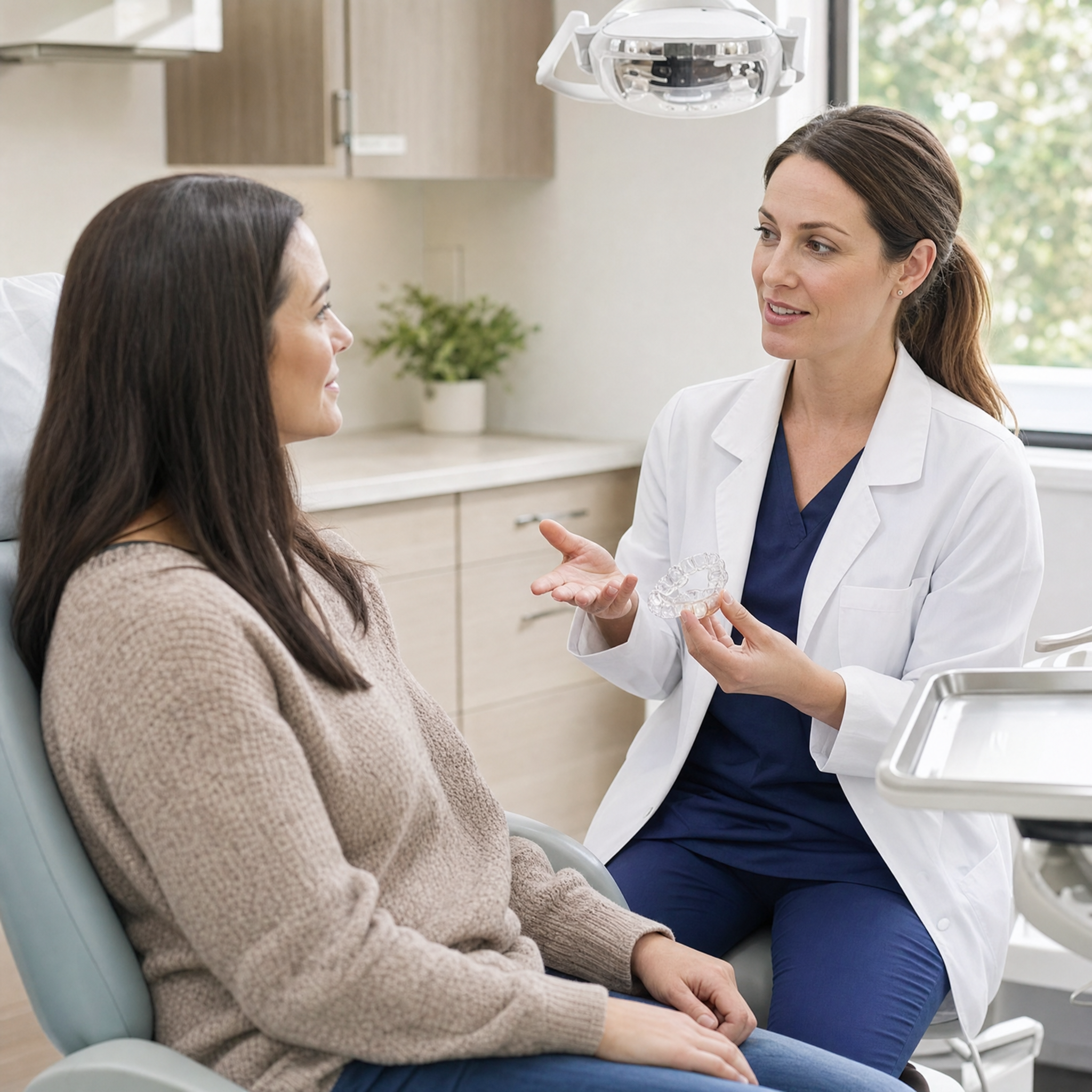 Patient discussing night guard care with a dentist