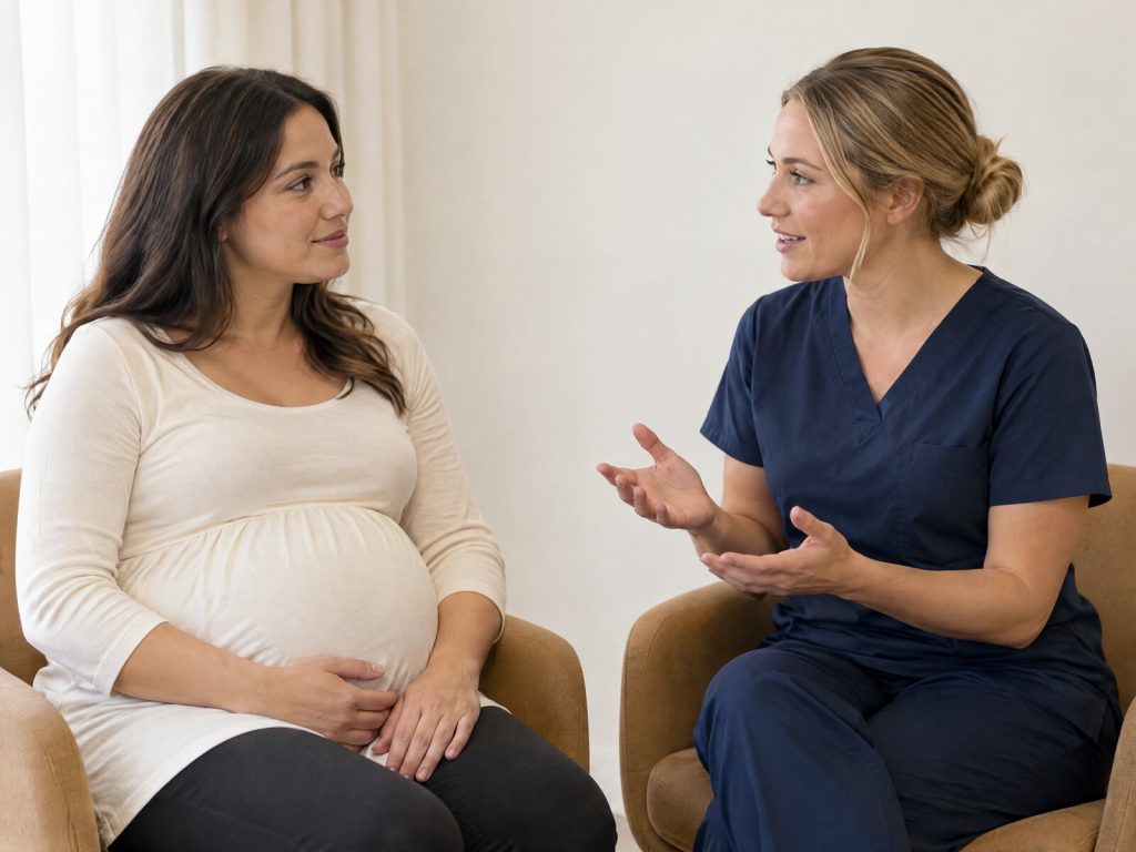 AI-generated illustration of a pregnancy consultation, introducing questions about which dental image is proposed and how Australian guidance differs for standard X-rays and CBCT.